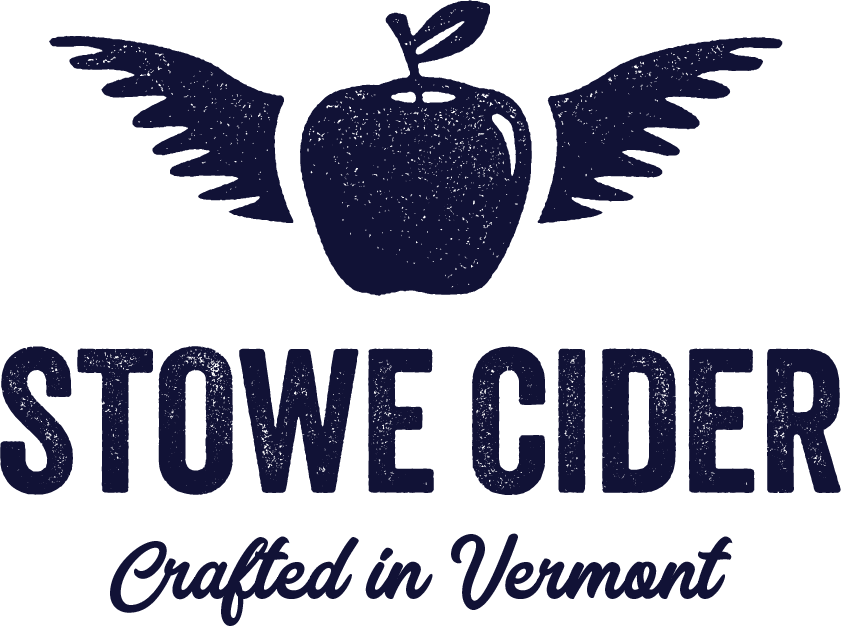 An image of an apple with wings with text below that says Stowe Cider - crafted in vermont